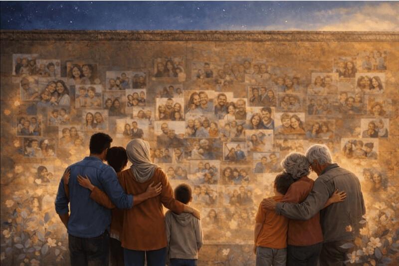 Gezinnen staan samen voor een muur met foto’s van gezinnen