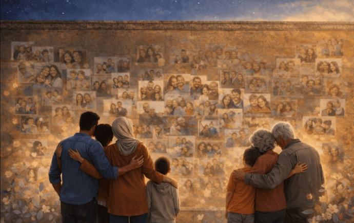 Gezinnen staan samen voor een muur met foto’s van gezinnen